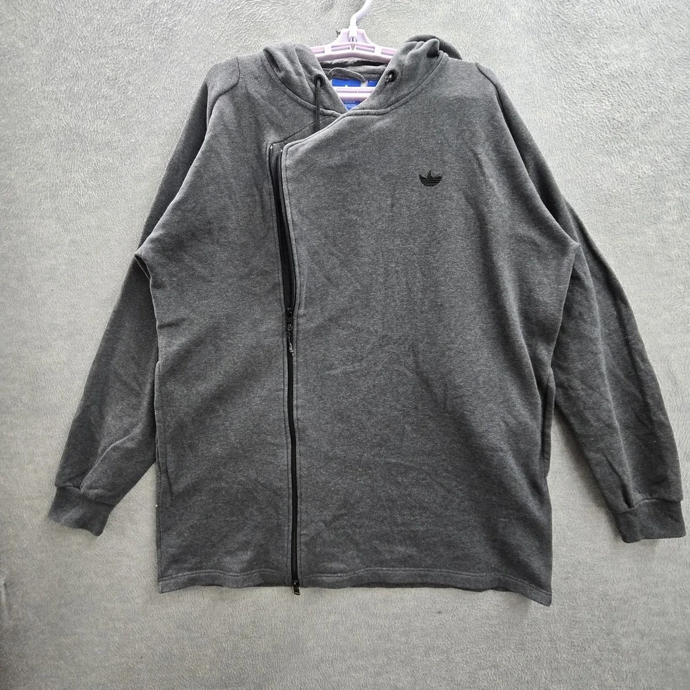 Adidas Men Jacket L Gray Fleece Activewear Zipper Logo Long Sleeve READ